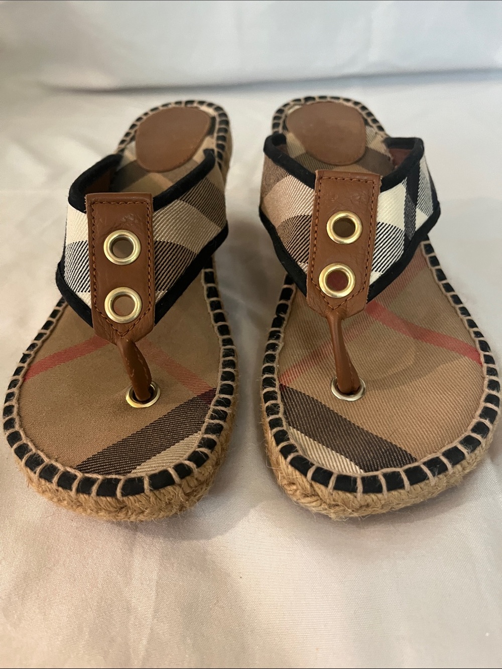 Burberry Tan and Brown Check Espadrille Thong/Wedge Sandals - Picture 2 of 9